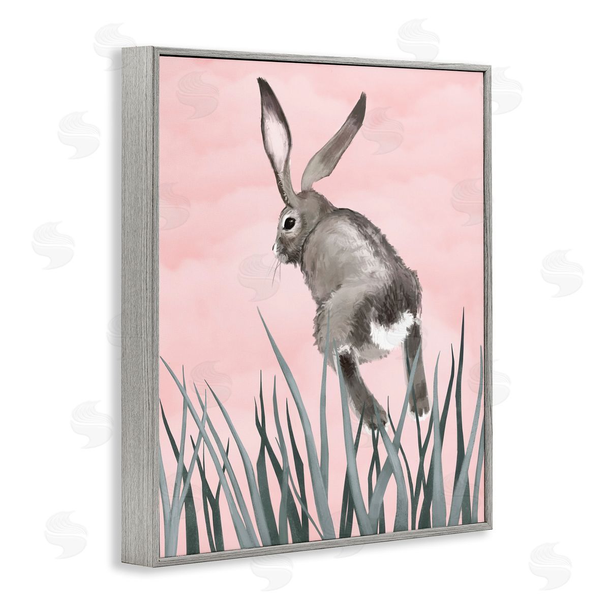 Bunny Rabbit Jumping Grass Grey Frame Print Wall Art, Home Decor by Ziwei Li