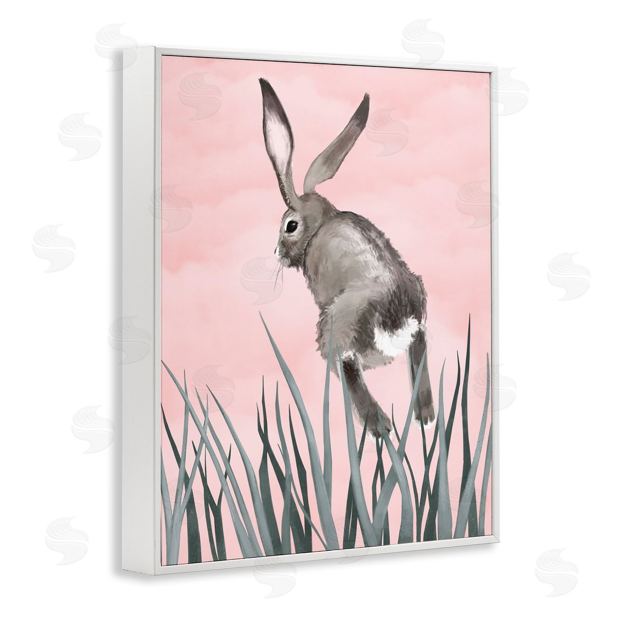 Bunny Rabbit Jumping Grass White Frame Print Wall Art, Home Decor by Ziwei Li