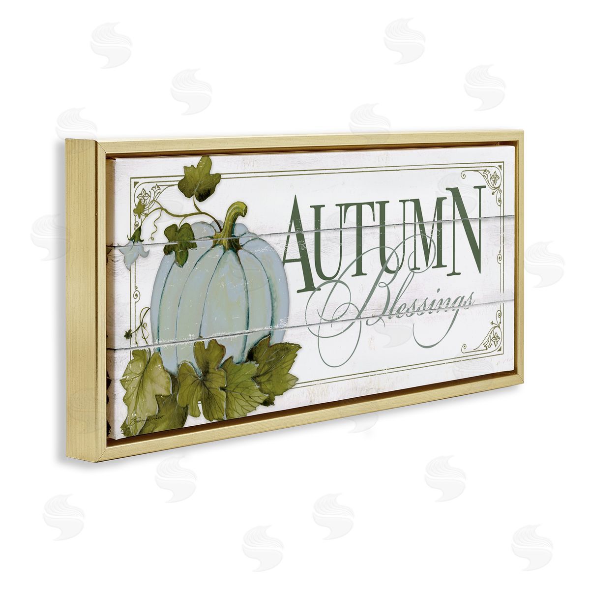 Autumn Blessings Blue Pumpkin Gold Floating Frame Canvas Wall Art, Home Decor by Stephanie Workman Marrott
