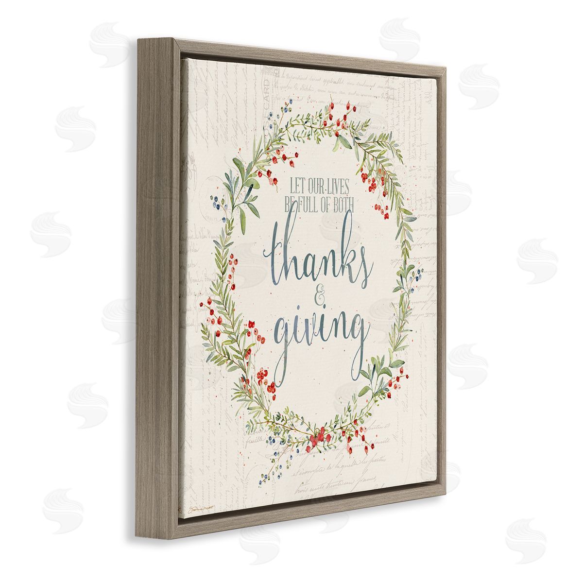 Thanks & Giving Autumn Phrase Brown Floating Frame Canvas Wall Art, Home Decor by Stephanie Workman Marrott