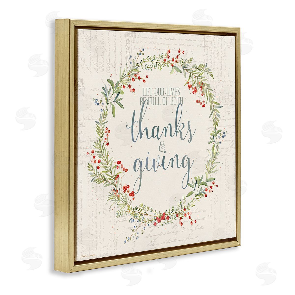 Thanks & Giving Autumn Phrase Gold Floating Frame Canvas Wall Art, Home Decor by Stephanie Workman Marrott