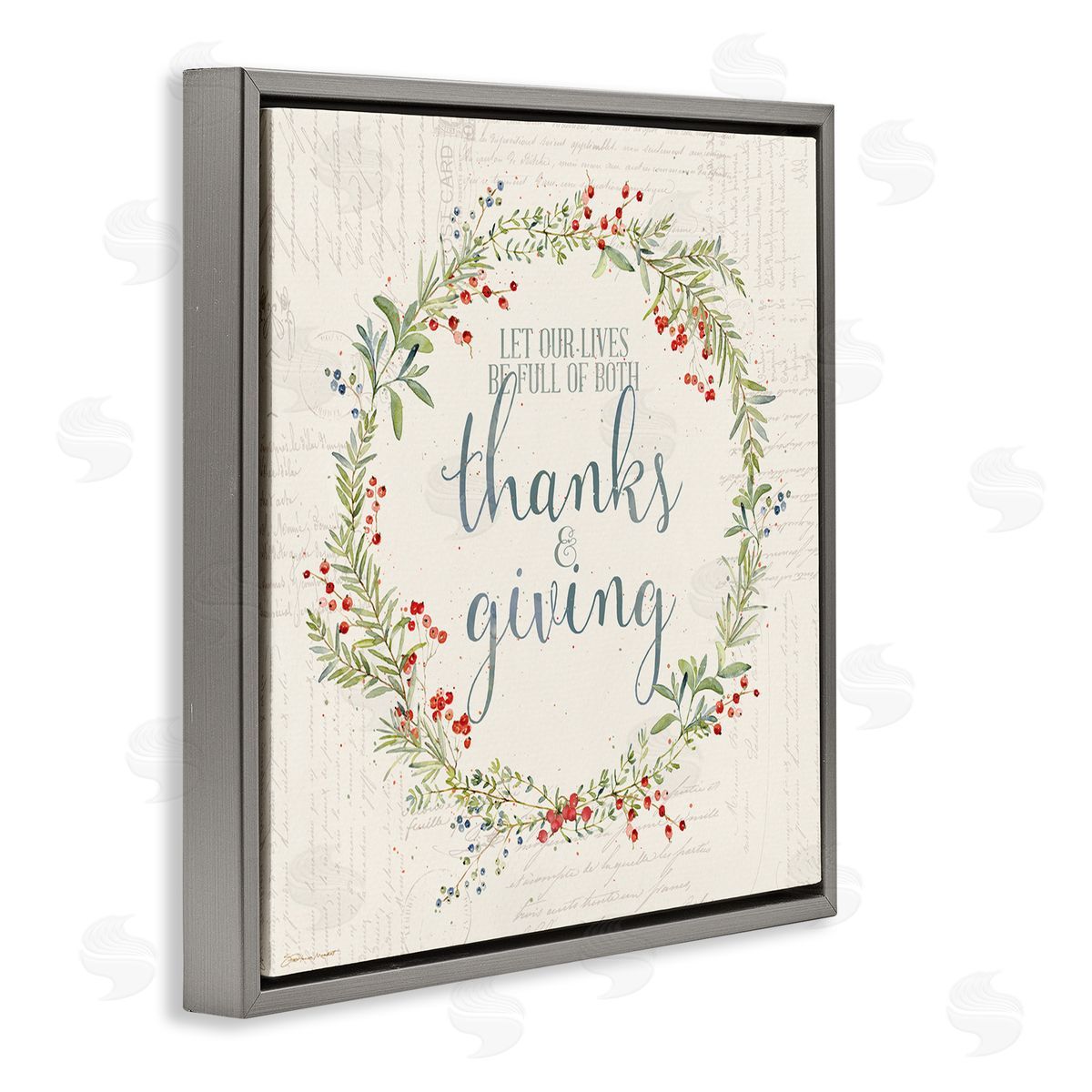 Thanks & Giving Autumn Phrase Grey Floating Frame Canvas Wall Art, Home Decor by Stephanie Workman Marrott
