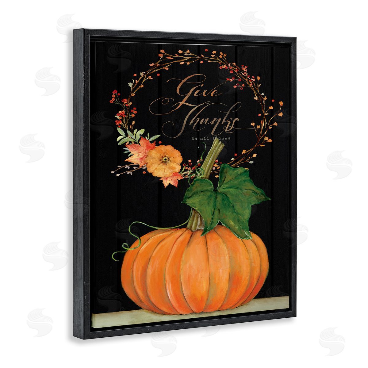 Give Thanks Pumpkin Seasonal Black Floating Frame Canvas Wall Art, Home Decor by Stephanie Workman Marrott