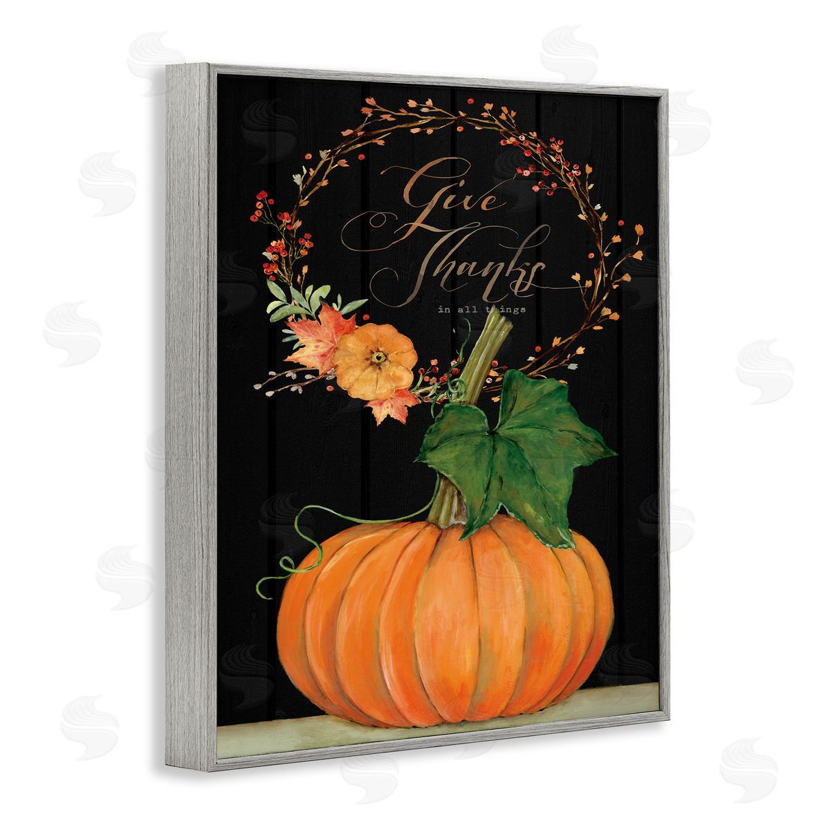 Give Thanks Pumpkin Seasonal Grey Frame Print Wall Art, Home Decor by Stephanie Workman Marrott