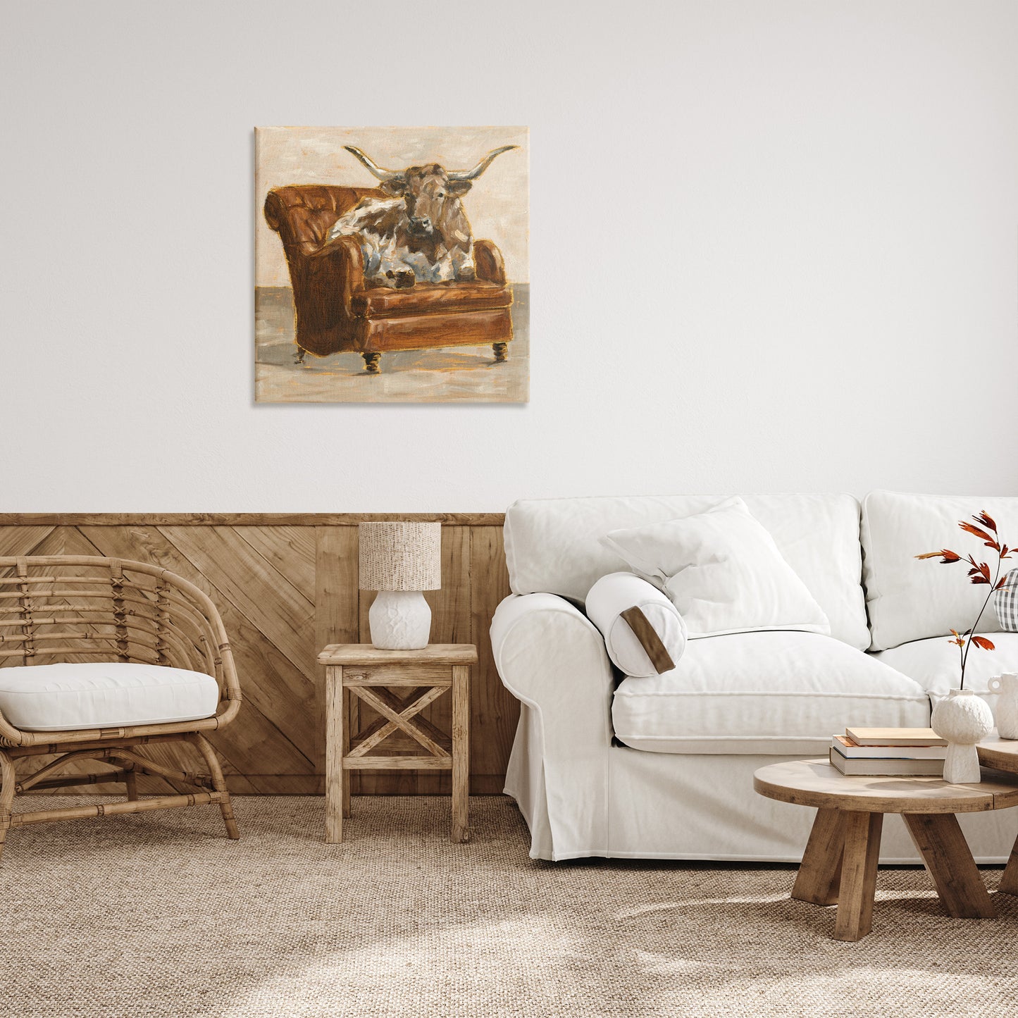 Abstract Bull Livingroom Chair Canvas Wall Art in Room, Home Decor by Ethan Harper