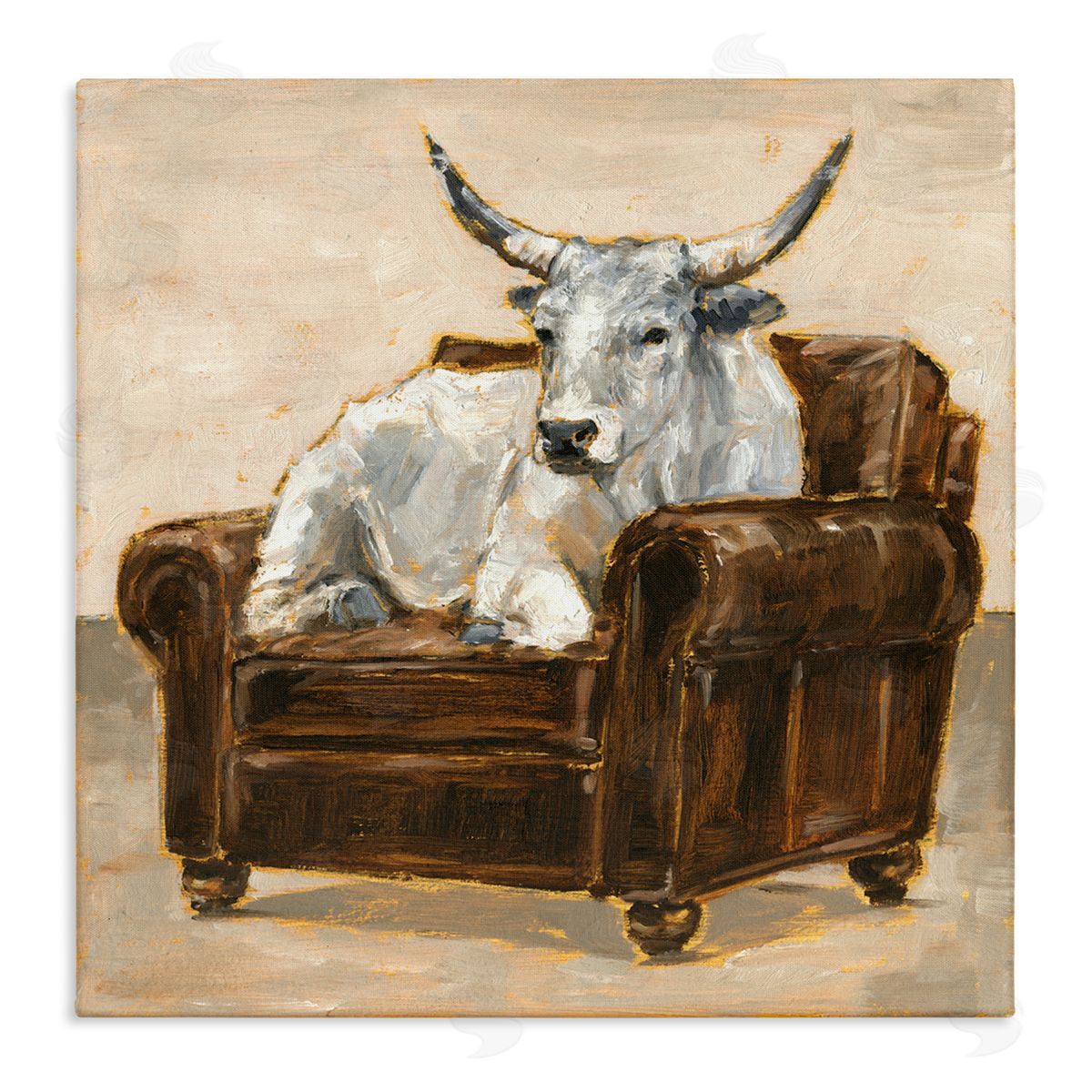 White Cattle in Brown Chair Canvas Wall Art, Home Decor by Ethan Harper
