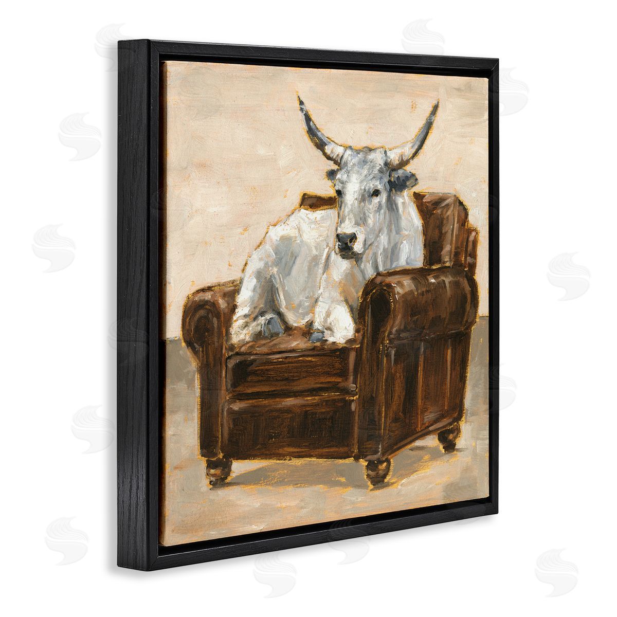 White Cattle in Brown Chair Black Floating Frame Canvas Wall Art, Home Decor by Ethan Harper