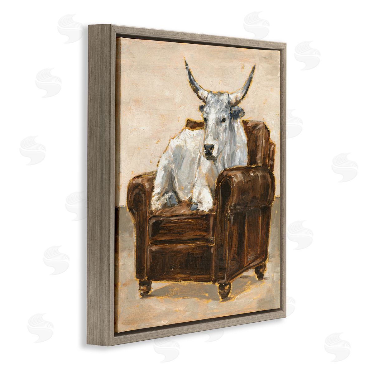 White Cattle in Brown Chair Brown Floating Frame Canvas Wall Art, Home Decor by Ethan Harper