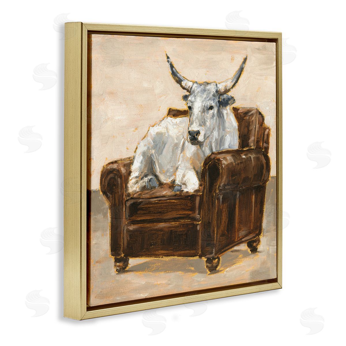 White Cattle in Brown Chair Gold Floating Frame Canvas Wall Art, Home Decor by Ethan Harper
