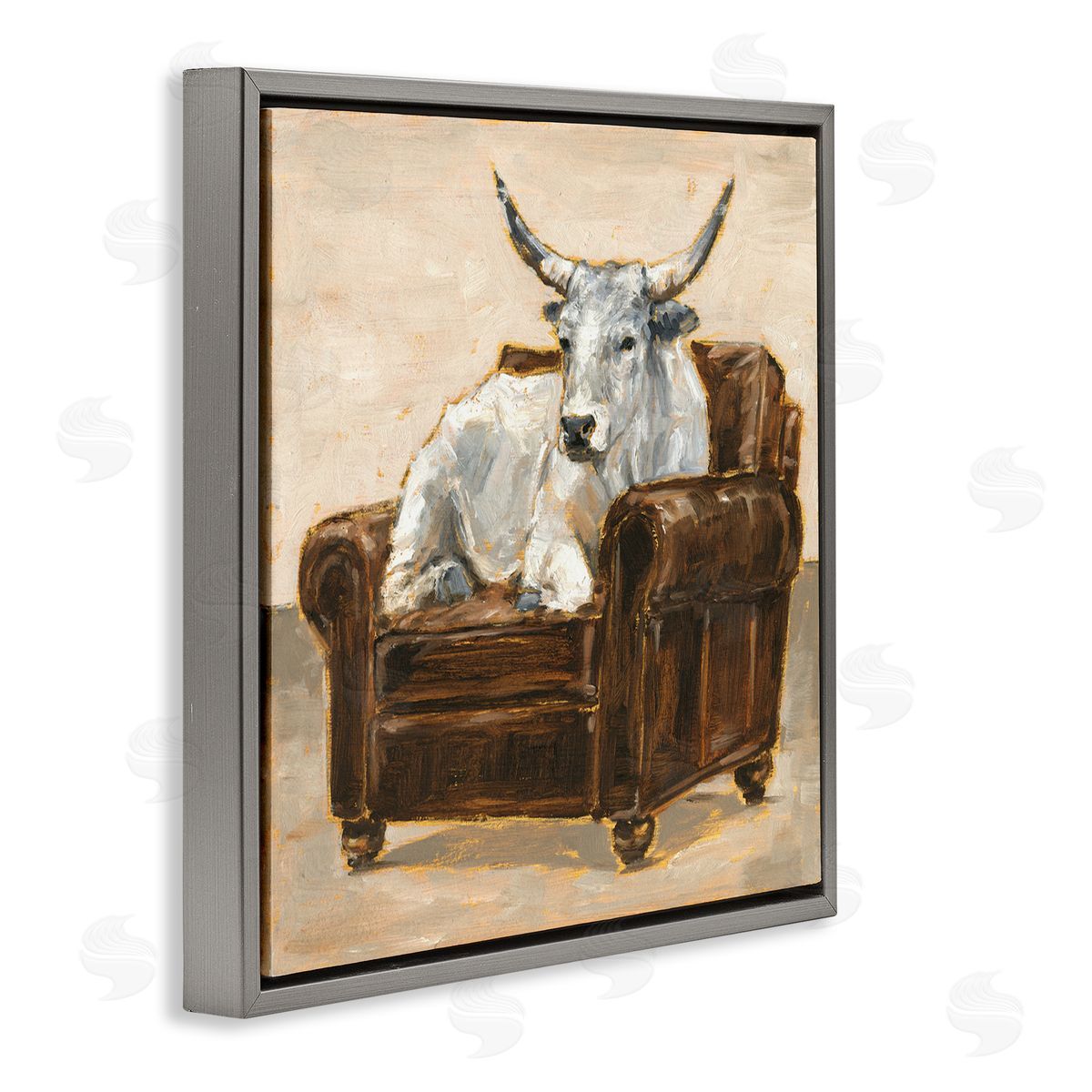 White Cattle in Brown Chair Grey Floating Frame Canvas Wall Art, Home Decor by Ethan Harper