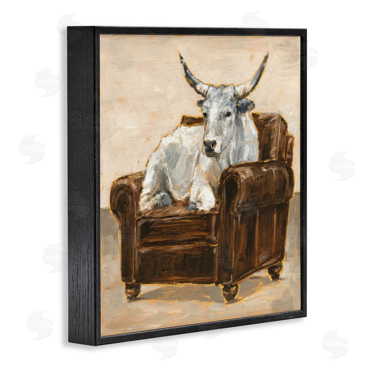 White Cattle in Brown Chair Black Frame Print Wall Art, Home Decor by Ethan Harper