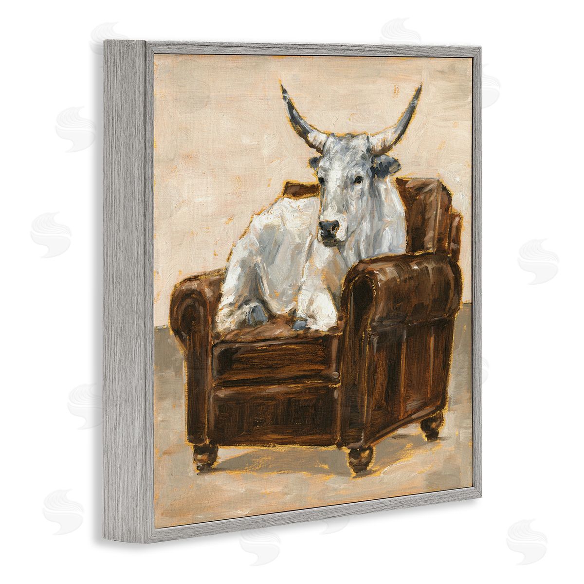 White Cattle in Brown Chair Grey Frame Print Wall Art, Home Decor by Ethan Harper
