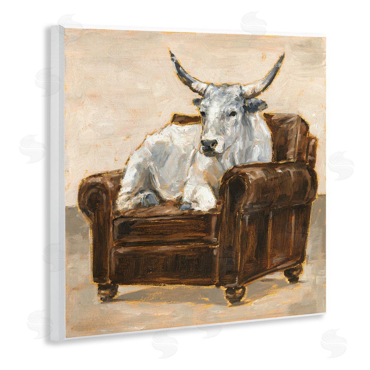 White Cattle in Brown Chair Wood Plaque Wall Art, Home Decor by Ethan Harper