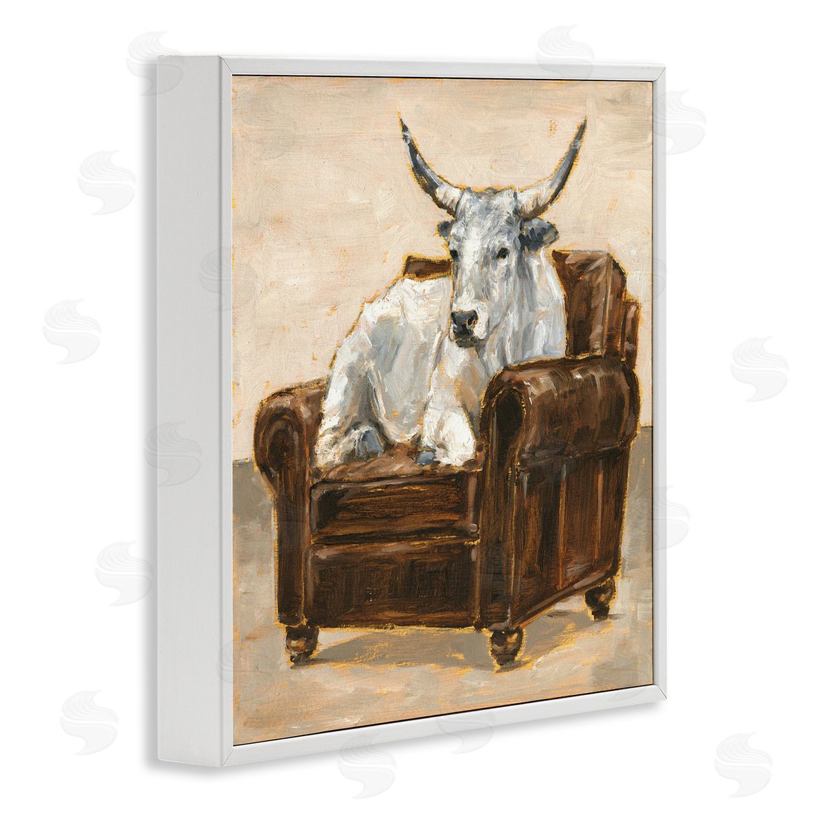 White Cattle in Brown Chair White Frame Print Wall Art, Home Decor by Ethan Harper