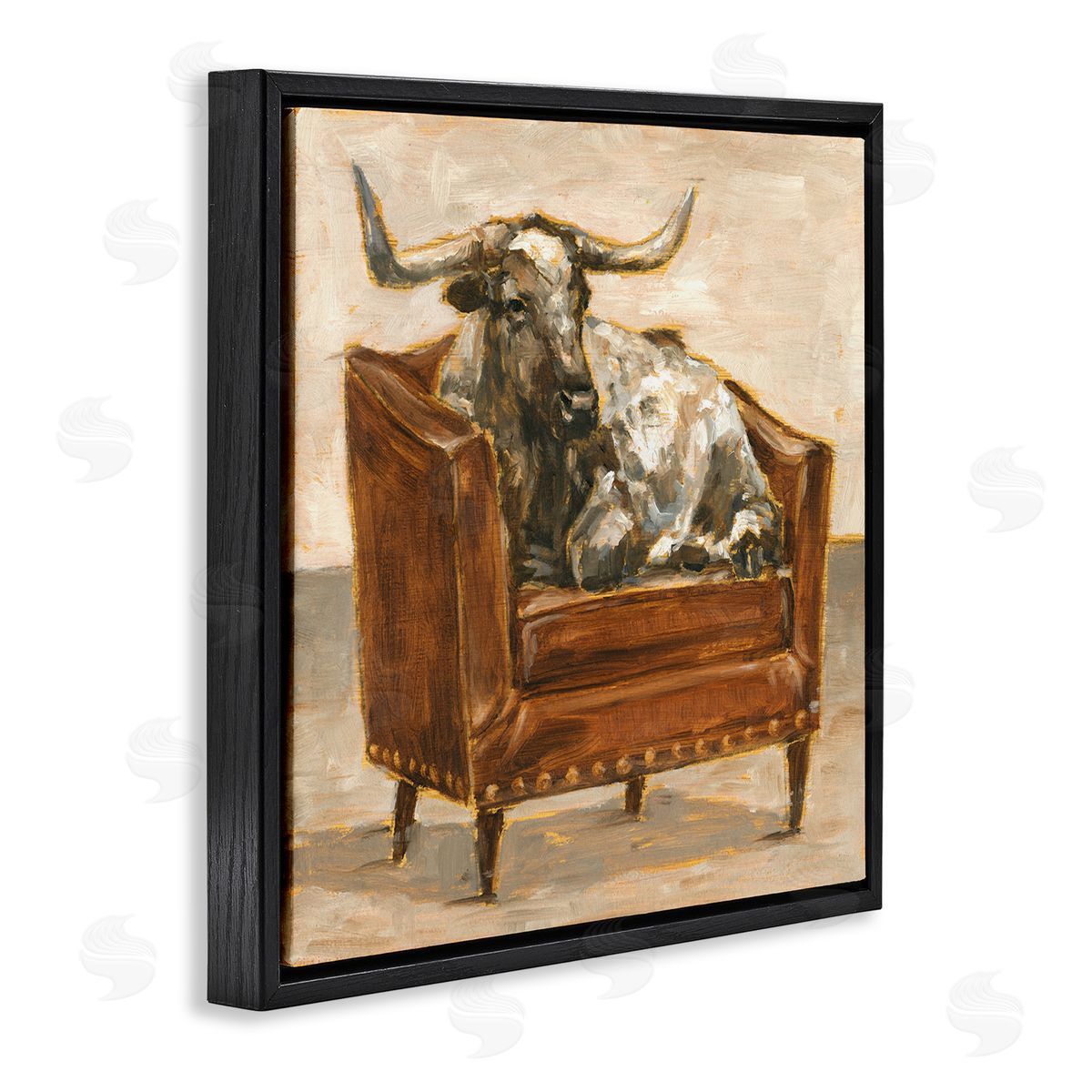 Brown Bull Resting in Chair Painting Black Floating Frame Canvas Wall Art, Home Decor by Ethan Harper