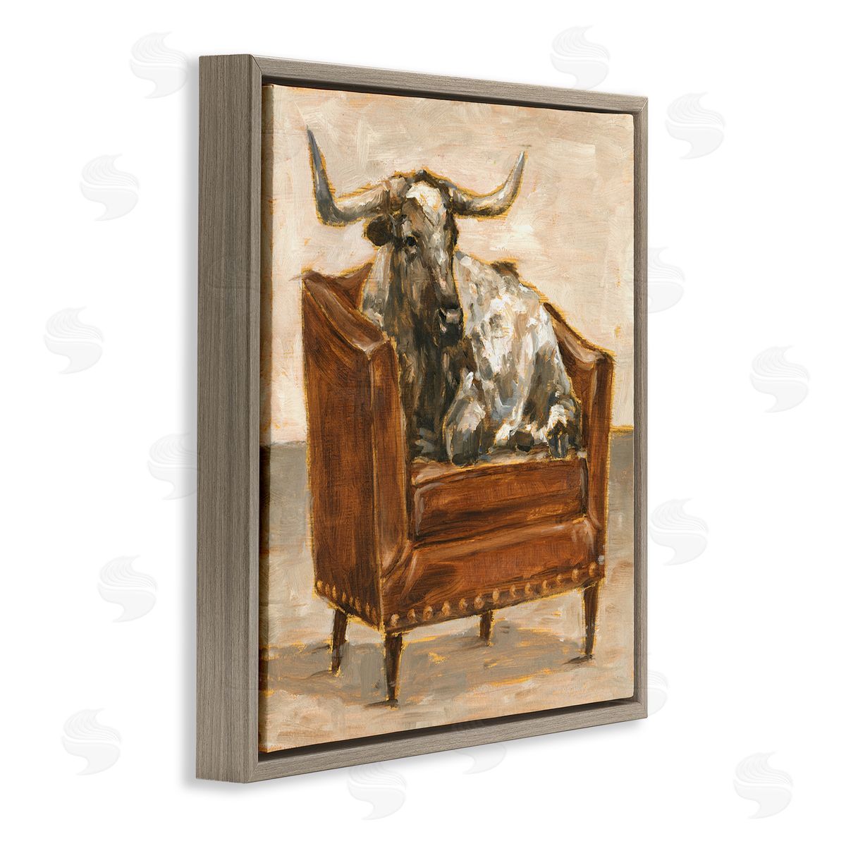 Brown Bull Resting in Chair Painting Brown Floating Frame Canvas Wall Art, Home Decor by Ethan Harper