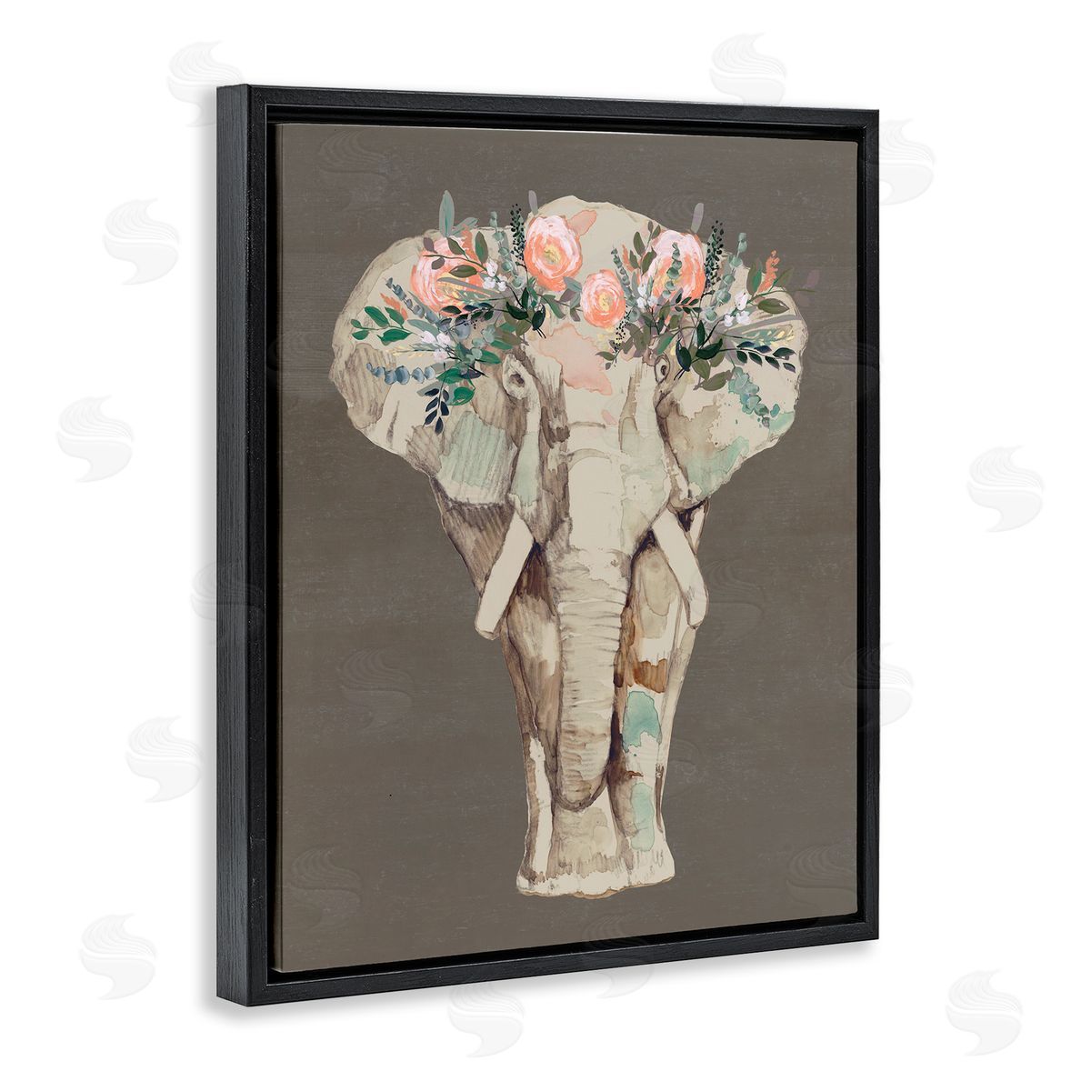 Elephant Floral Crown Brown Black Floating Frame Canvas Wall Art, Home Decor by Jennifer Goldberger
