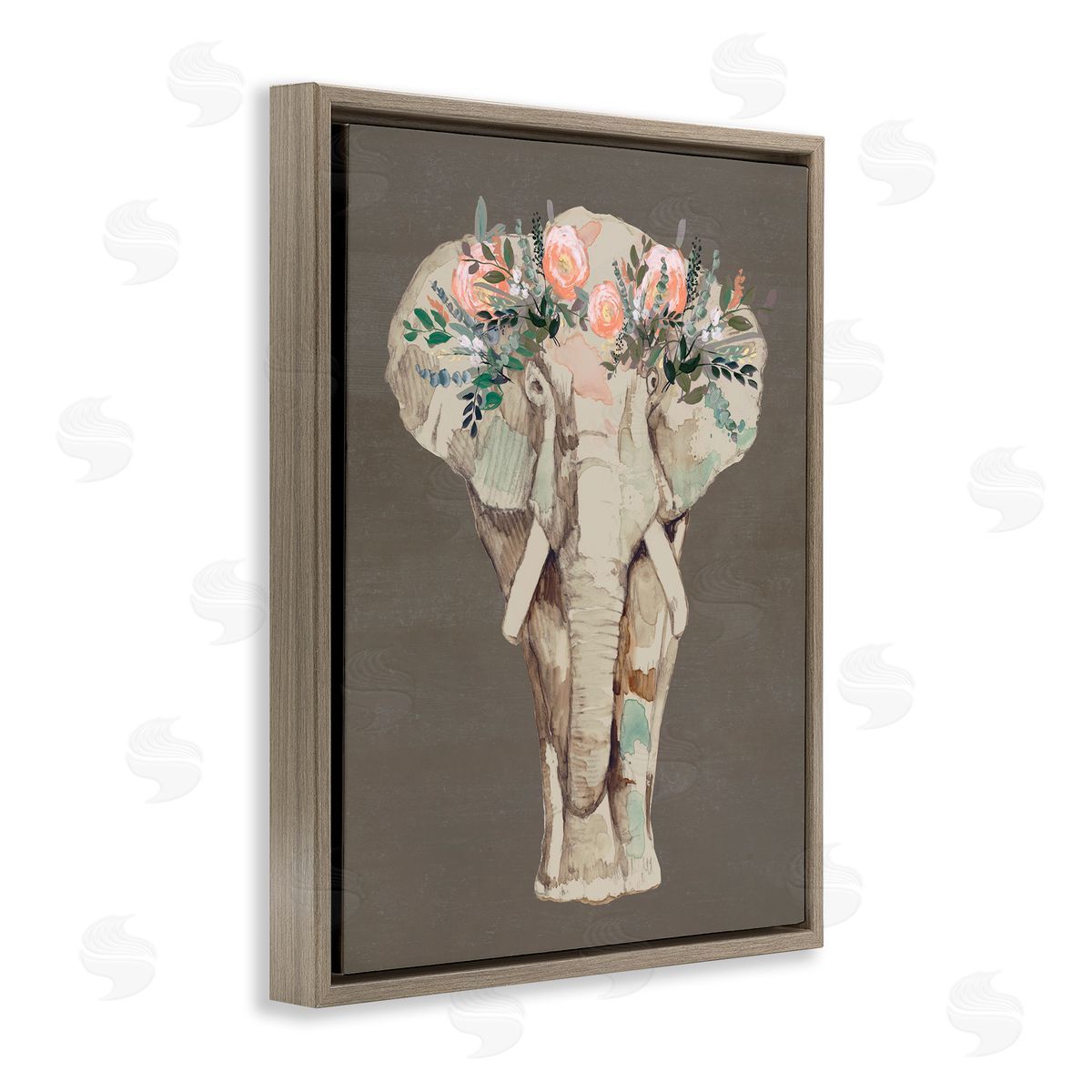 Elephant Floral Crown Brown Brown Floating Frame Canvas Wall Art, Home Decor by Jennifer Goldberger