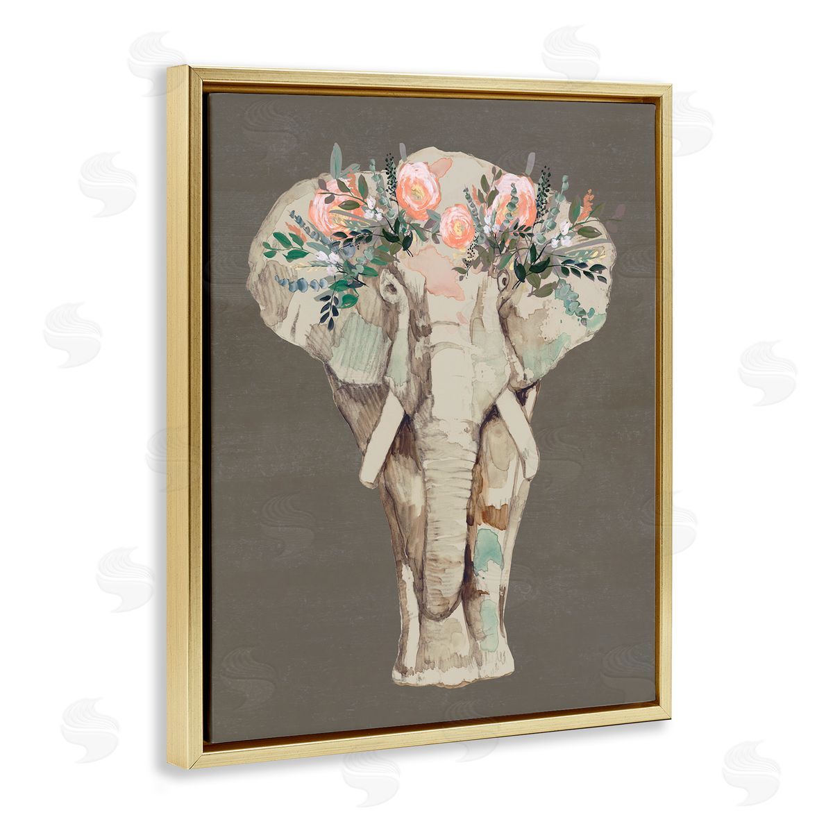 Elephant Floral Crown Brown Gold Floating Frame Canvas Wall Art, Home Decor by Jennifer Goldberger