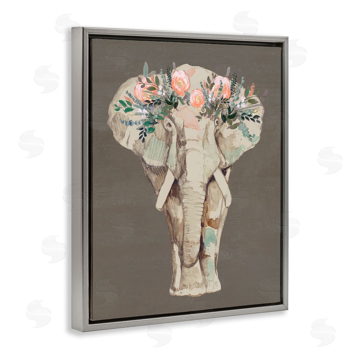 Elephant Floral Crown Brown Grey Floating Frame Canvas Wall Art, Home Decor by Jennifer Goldberger