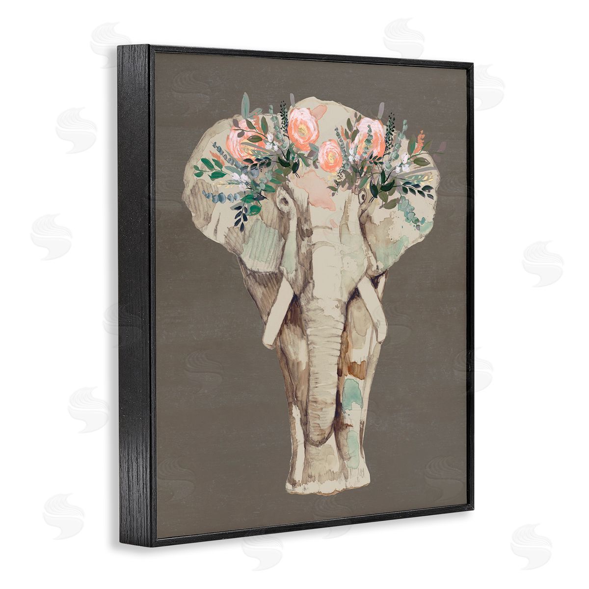 Elephant Floral Crown Brown Black Frame Print Wall Art, Home Decor by Jennifer Goldberger