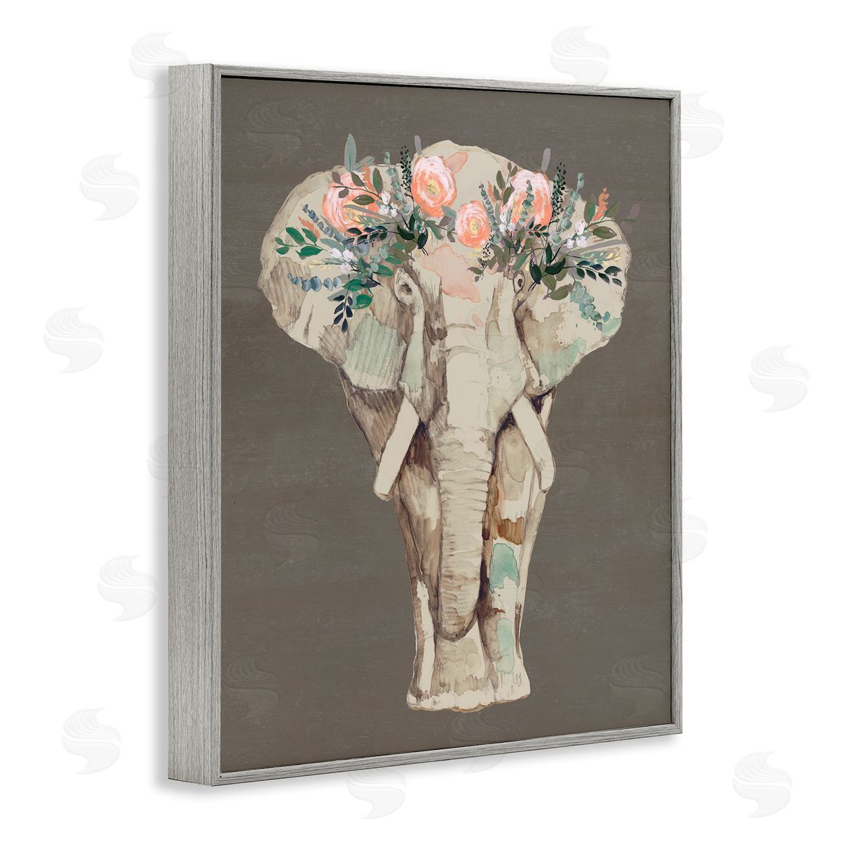 Elephant Floral Crown Brown Grey Frame Print Wall Art, Home Decor by Jennifer Goldberger