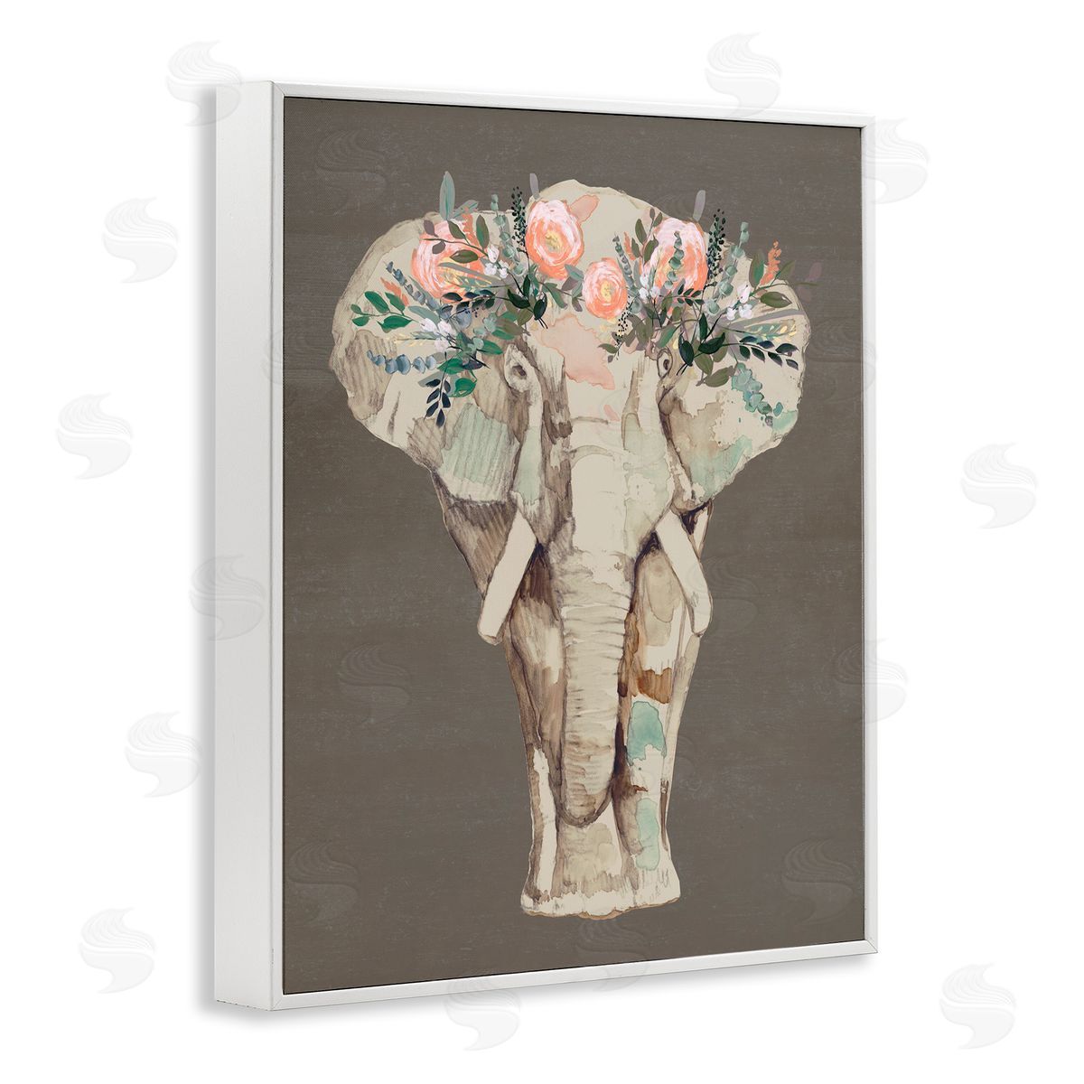 Elephant Floral Crown Brown White Frame Print Wall Art, Home Decor by Jennifer Goldberger