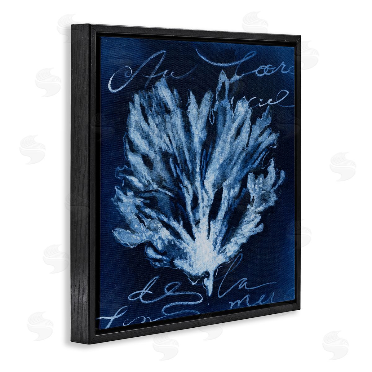 Abstract Deep Blue Coral Black Floating Frame Canvas Wall Art, Home Decor by Liz Jardine