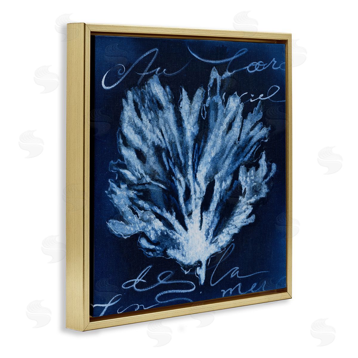 Abstract Deep Blue Coral Gold Floating Frame Canvas Wall Art, Home Decor by Liz Jardine