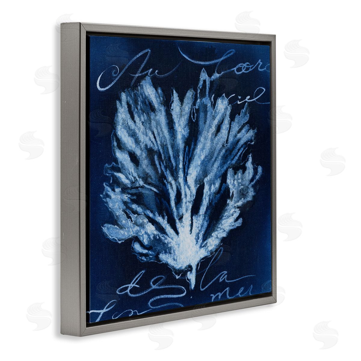 Abstract Deep Blue Coral Grey Floating Frame Canvas Wall Art, Home Decor by Liz Jardine