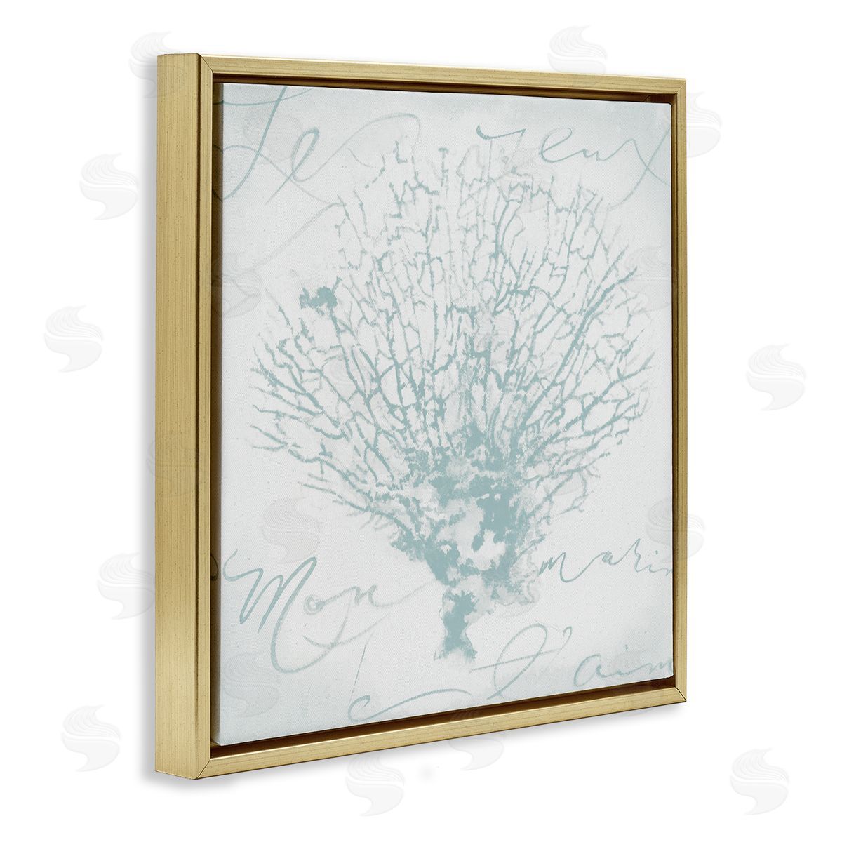 Abstract Soft Blue Coral Gold Floating Frame Canvas Wall Art, Home Decor by Liz Jardine