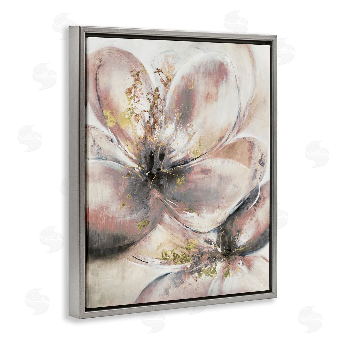 Glam Pink Flower Petals Grey Floating Frame Canvas Wall Art, Home Decor by K. Nari