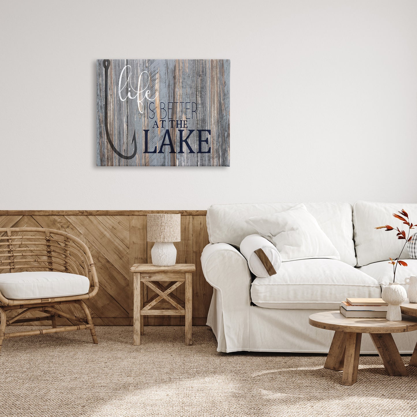 Lakehouse Cabin Nautical Phrase Canvas Wall Art in Room, Home Decor by Kim Allen