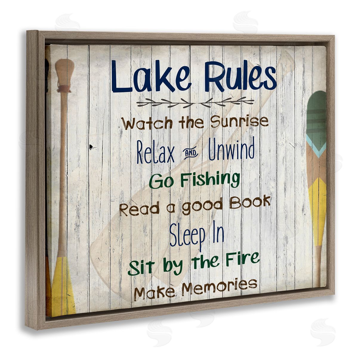 Lake Rules List and Oars Brown Floating Frame Canvas Wall Art, Home Decor by Kim Allen