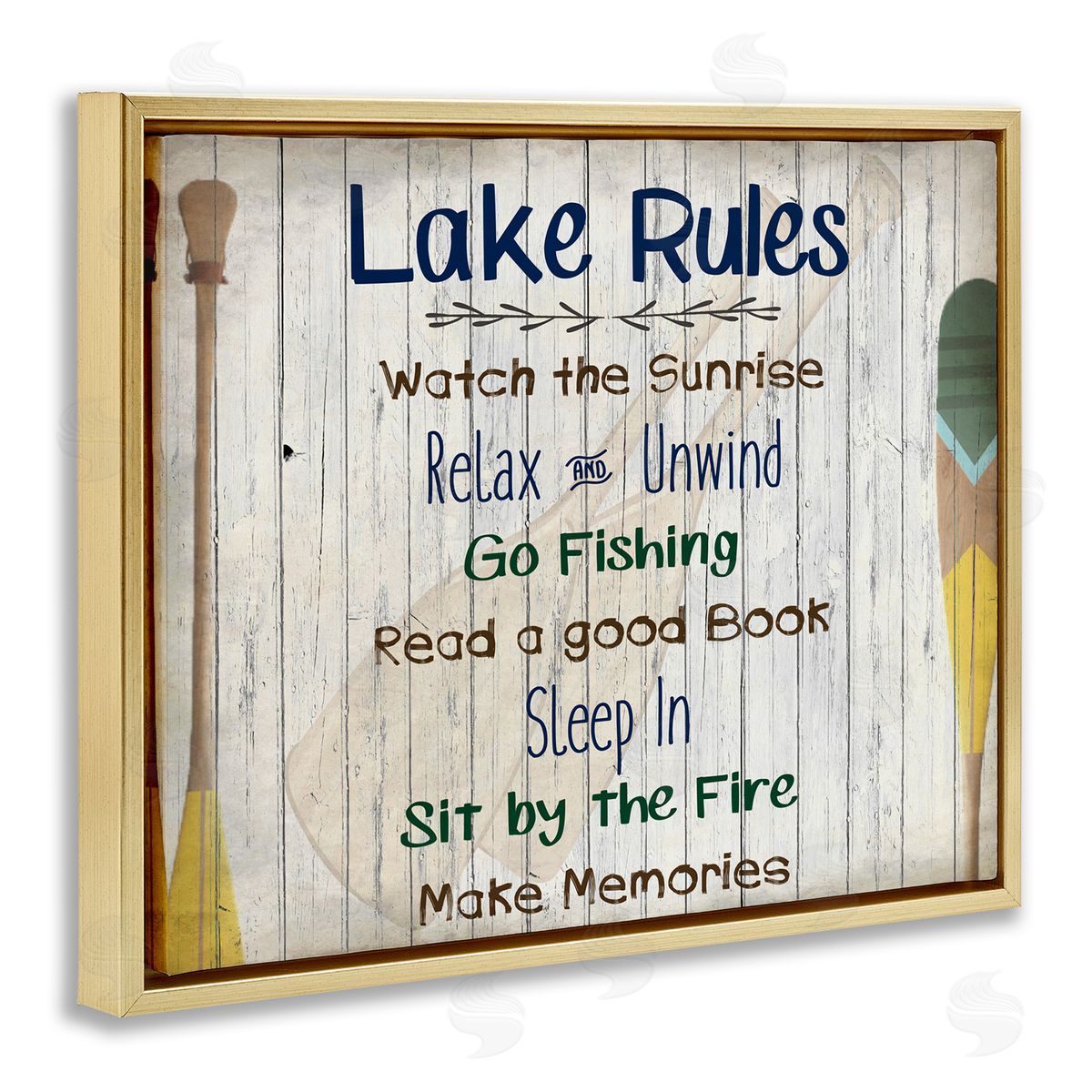 Lake Rules List and Oars Gold Floating Frame Canvas Wall Art, Home Decor by Kim Allen