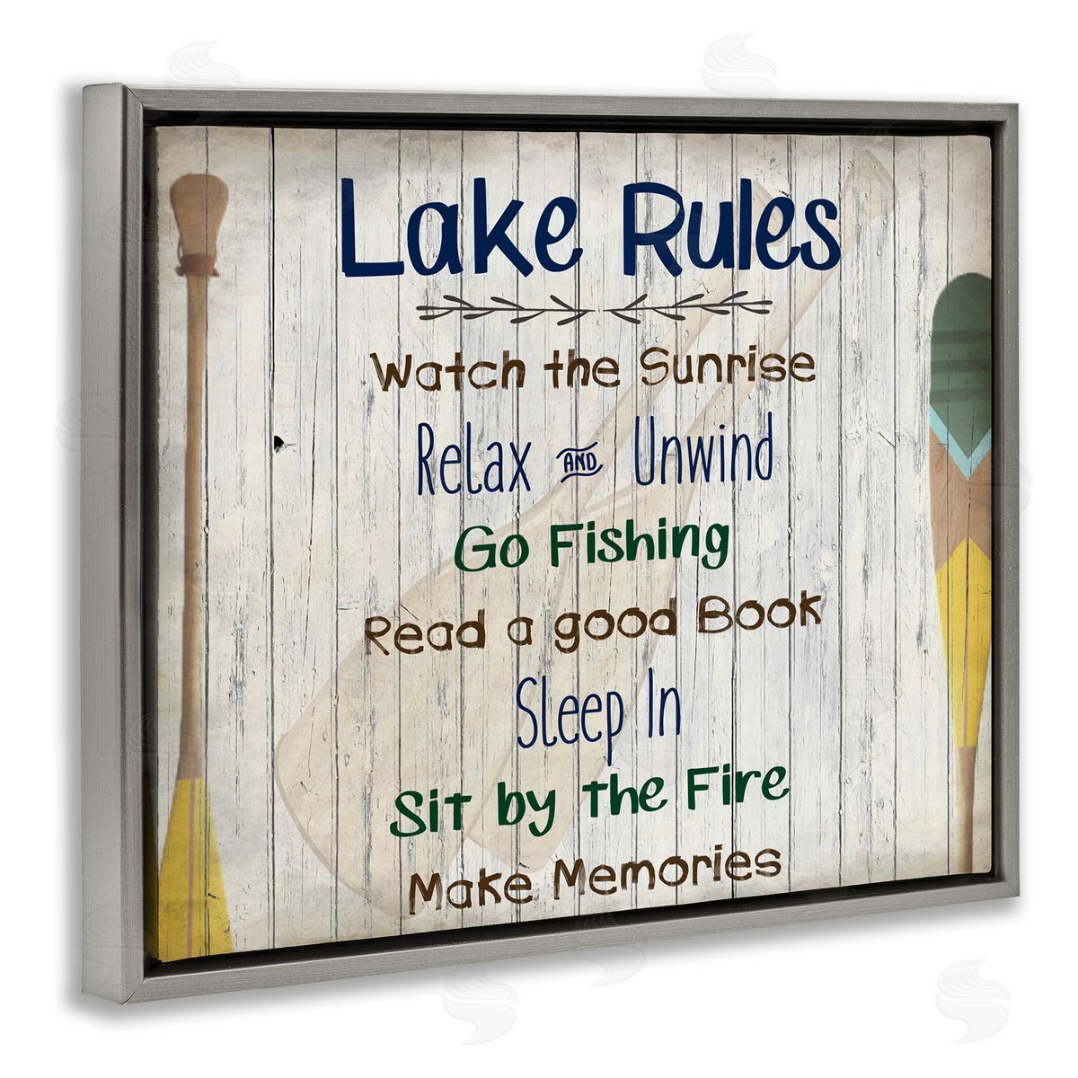 Lake Rules List and Oars Grey Floating Frame Canvas Wall Art, Home Decor by Kim Allen