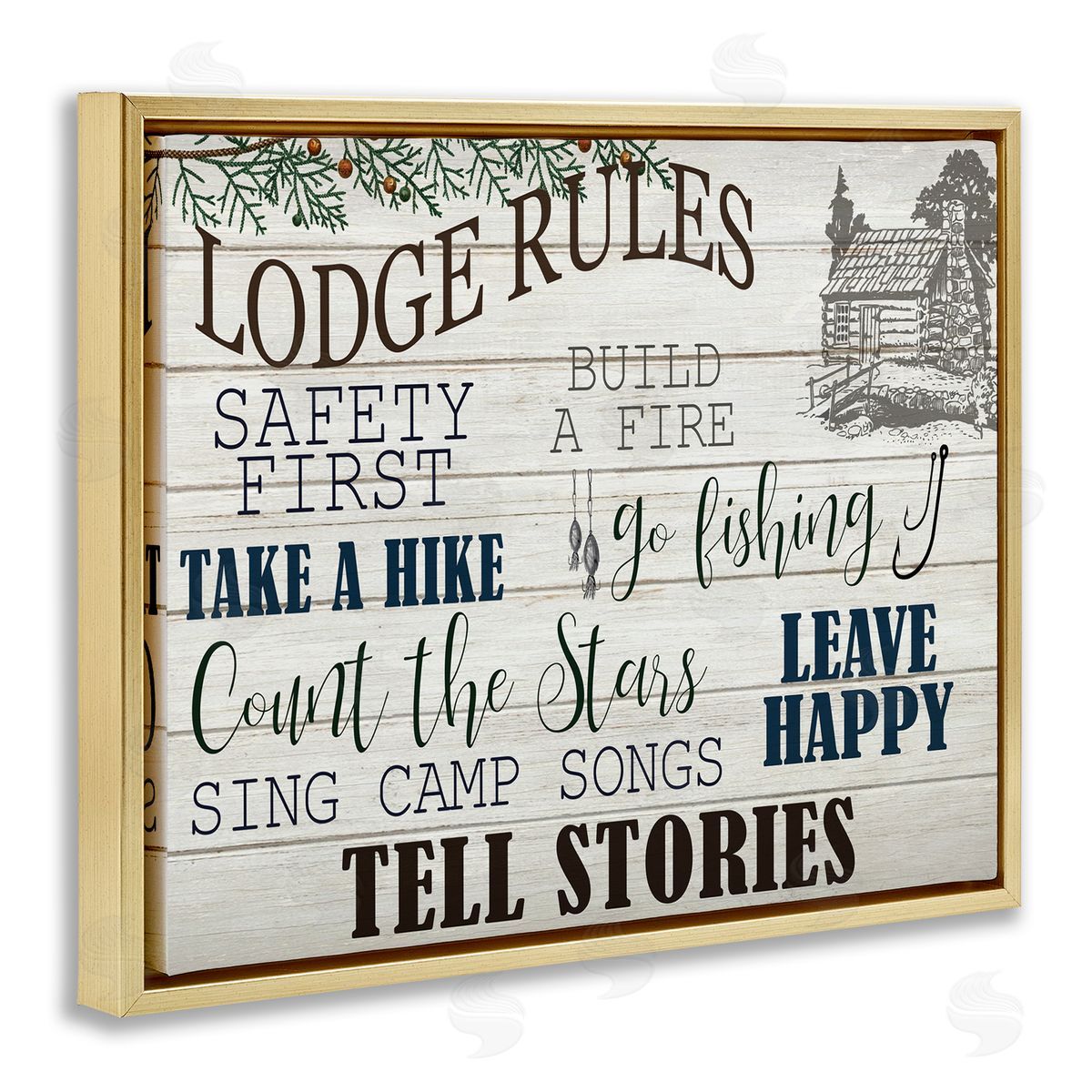 Lodge Rules Cabin Accent Gold Floating Frame Canvas Wall Art, Home Decor by Kim Allen