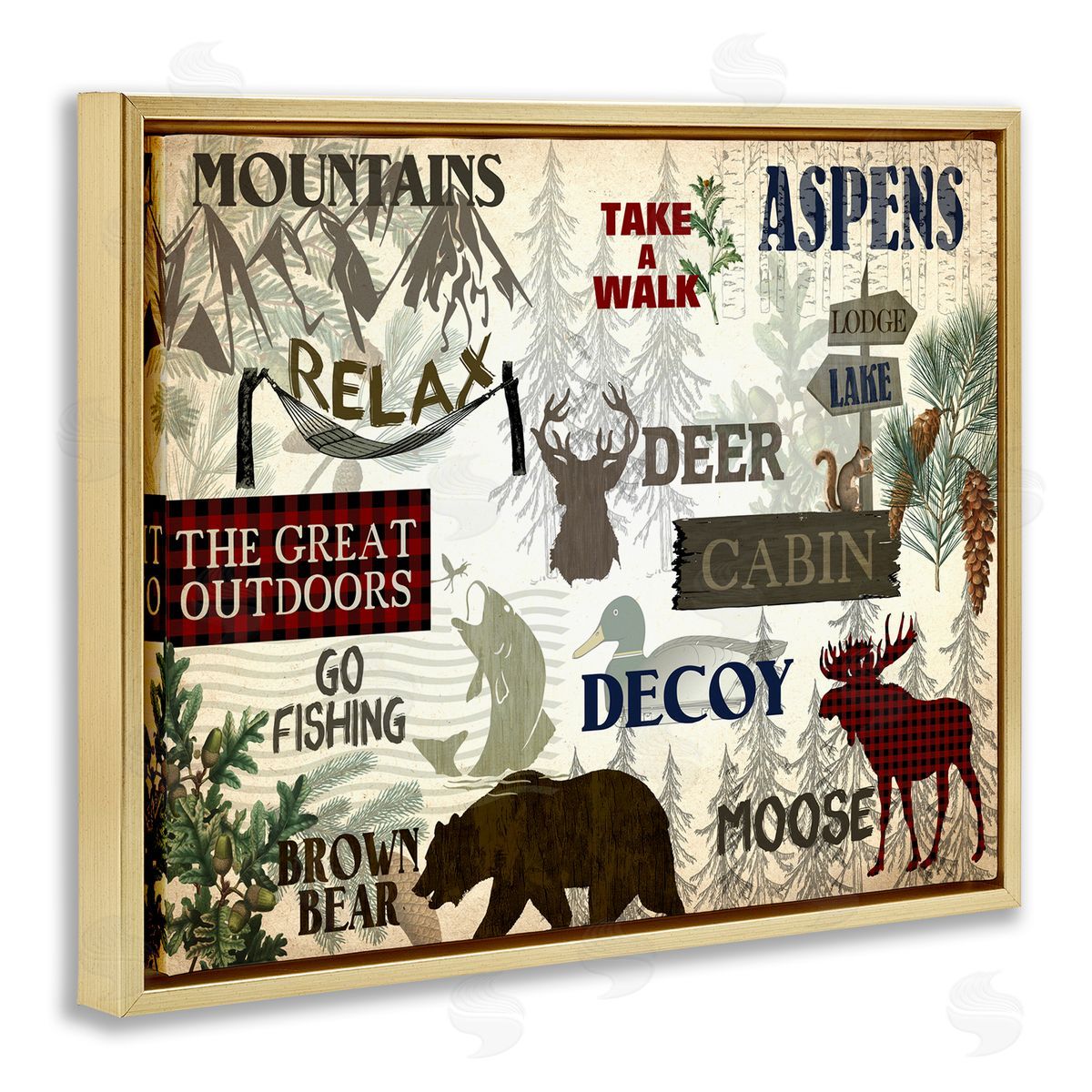 Mountain Activities Forest Accents Gold Floating Frame Canvas Wall Art, Home Decor by Kim Allen