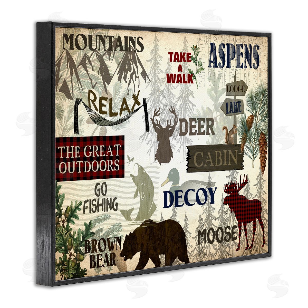 Mountain Activities Forest Accents Black Frame Print Wall Art, Home Decor by Kim Allen