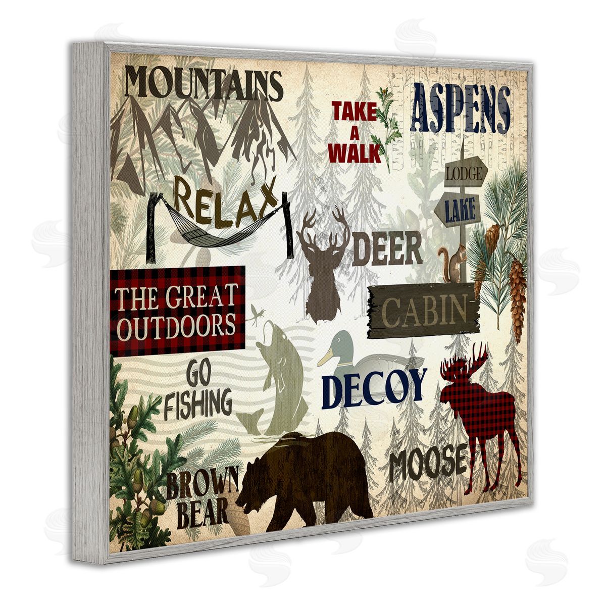 Mountain Activities Forest Accents Grey Frame Print Wall Art, Home Decor by Kim Allen