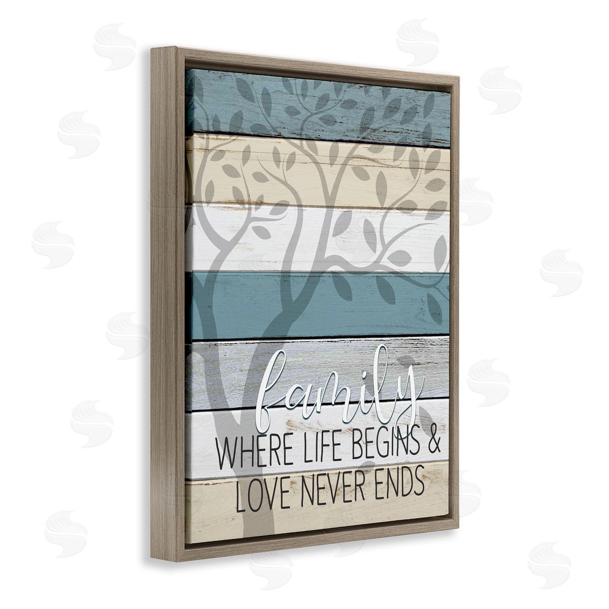 Family Begin and End Quote Brown Floating Frame Canvas Wall Art, Home Decor by Kim Allen