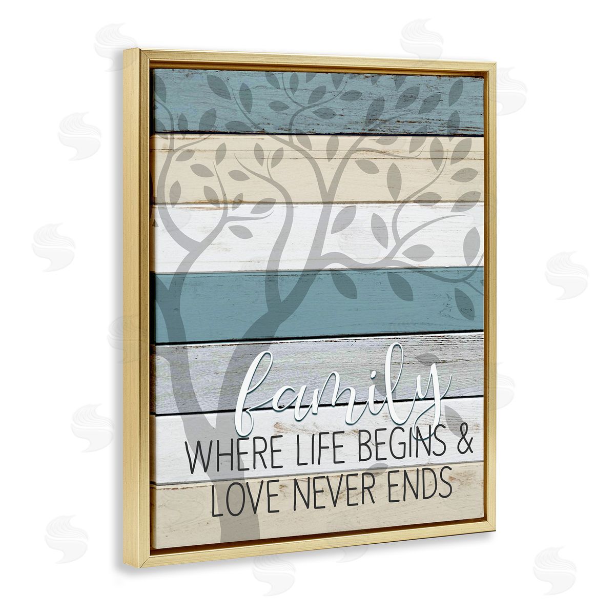 Family Begin and End Quote Gold Floating Frame Canvas Wall Art, Home Decor by Kim Allen