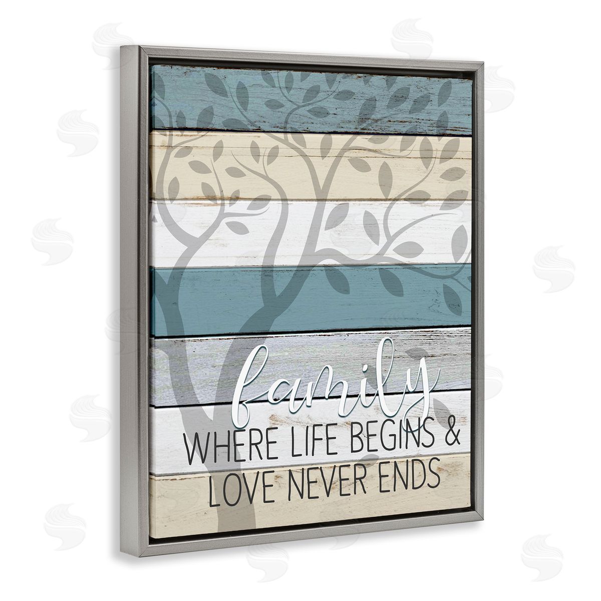 Family Begin and End Quote Grey Floating Frame Canvas Wall Art, Home Decor by Kim Allen