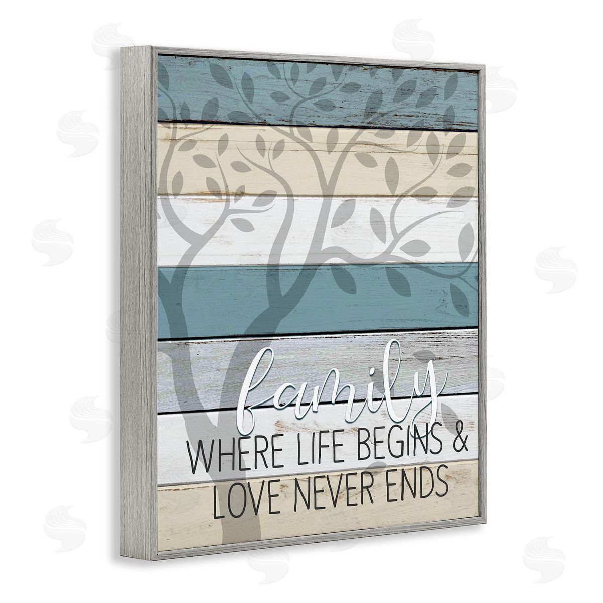 Family Begin and End Quote Grey Frame Print Wall Art, Home Decor by Kim Allen