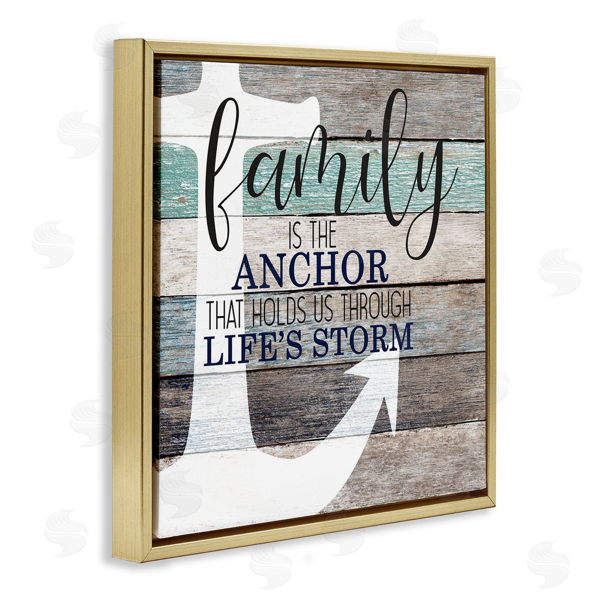 Family Anchor Through Storm Motivational Gold Floating Frame Canvas Wall Art, Home Decor by Kim Allen