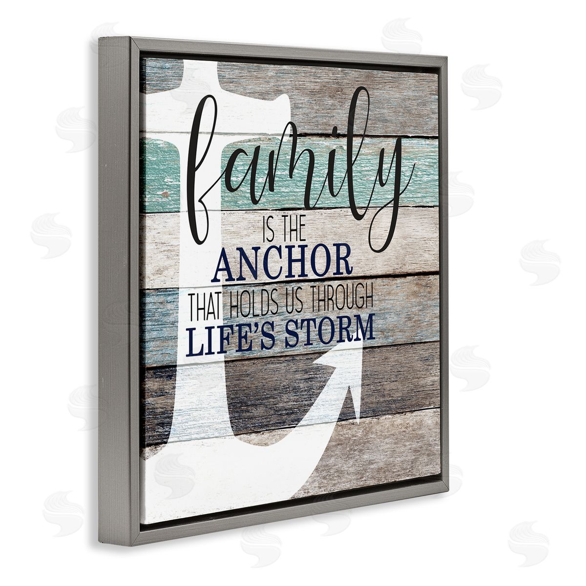 Family Anchor Through Storm Motivational Grey Floating Frame Canvas Wall Art, Home Decor by Kim Allen