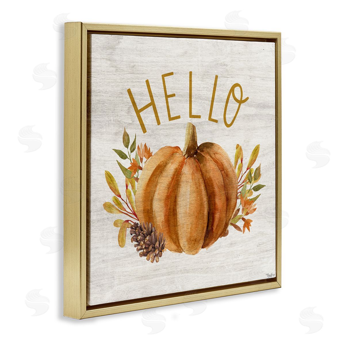 Hello Pumpkin Autumn Pinecone Gold Floating Frame Canvas Wall Art, Home Decor by Gigi Louise
