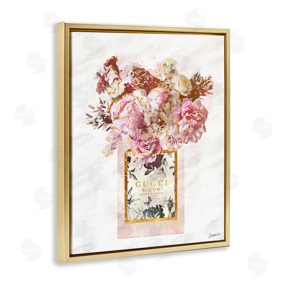 Floral Bouquet Fashion Bag Gold Floating Frame Canvas Wall Art, Home Decor by Ziwei Li