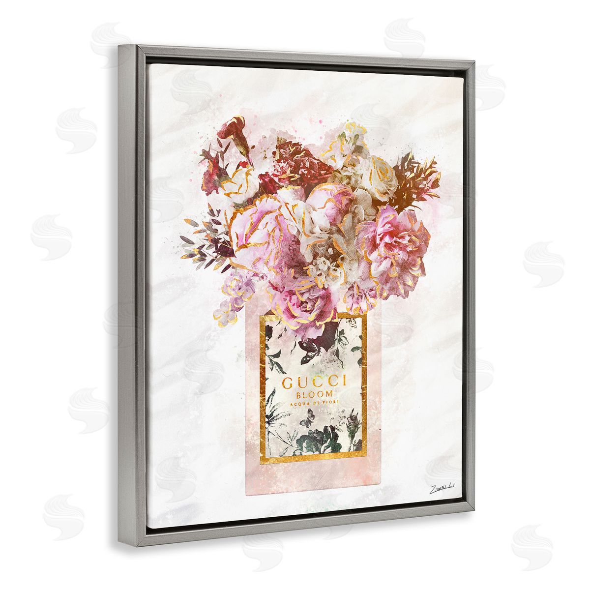 Floral Bouquet Fashion Bag Grey Floating Frame Canvas Wall Art, Home Decor by Ziwei Li