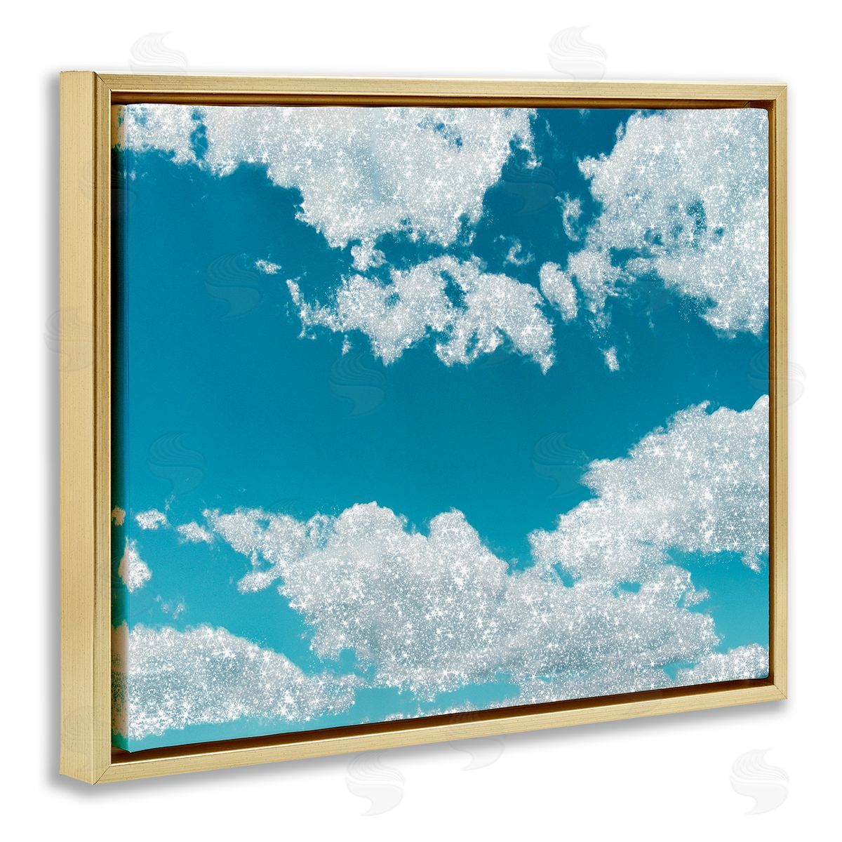 Sparkling Clouds Blue Sky Gold Floating Frame Canvas Wall Art, Home Decor by Ziwei Li